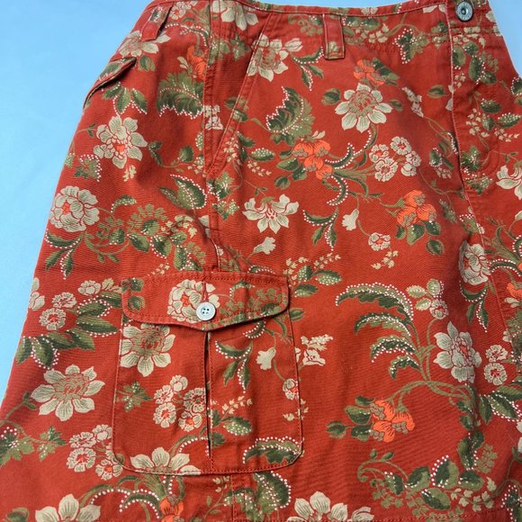 Eddie Bauer Flowered Mini Skirt Sz 10 Rust Green Tan 100% Cotton Zip Front Slit - Picture 3 of 5